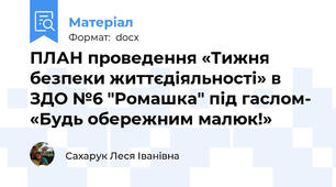 ПЛАН проведення «Тижня безпеки життєдіяльності» в  ЗДО №6 "Ромашка" під гаслом-  «Будь обережним малюк!»