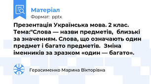 Презентація Українська мова. 2 клас. Тема:"Слова — назви предметів,близькі за значенням. Слова, що означають один предмет і багато предметів.Зміна іменників за зразком «один — багато».