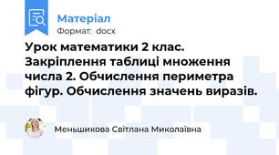 Урок математики 2 клас. Закріплення таблиці множення числа 2. Обчислення периметра фігур. Обчислення значень виразів.