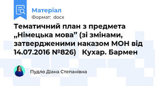 Тематичний план з предмета ,,Німецька мова’’ (зі змінами, затвердженими наказом МОН від 14.07.2016 №826)   Кухар. Бармен