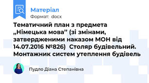 Тематичний план з предмета ,,Німецька мова’’ (зі змінами, затвердженими наказом МОН від 14.07.2016 №826)  Столяр будівельний. Монтажник систем утеплення будівель