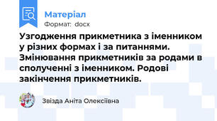 Узгодження прикметника з іменником у різних формах і за питаннями. Змінювання прикметників за родами в сполученні з іменником. Родові закінчення прикметників.