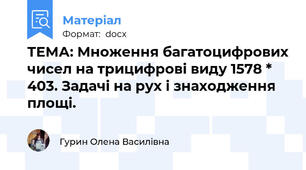 ТЕМА: Множення багатоцифрових чисел на трицифрові виду 1578 * 403. Задачі на рух і знаходження площі.