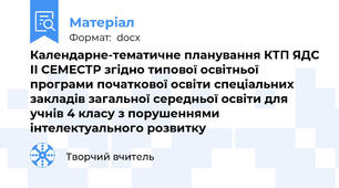 Календарне-тематичне планування КТП ЯДС ІІ СЕМЕСТР згідно типової освітньої програми початкової освіти спеціальних закладів загальної середньої освіти для учнів 4 класу з порушеннями інтелектуального розвитку