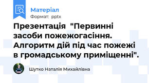 Презентація  "Первинні засоби пожежогасіння. Алгоритм дій під час пожежі в громадському приміщенні".