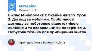6 клас Міні-проект 1: Охайне житло. Урок 2. Догляд за меблями. Особливості догляду за побутовою відеотехнікою, скляними та дзеркальними поверхнями. Побутова техніка для прибирання житла