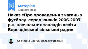 Наказ «Про проведення змагань з футболу  серед юнаків 2006-2007 р.н. навчальних закладів освіти  Берездівської сільської ради»