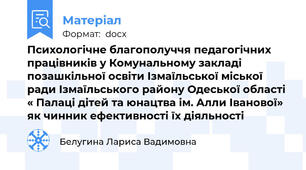 Психологічне благополуччя педагогічних працівників у Комунальному закладі позашкільної освіти Ізмаїльської міської ради Ізмаїльського району Одеської області « Палаці дітей та юнацтва ім. Алли Іванової» як чинник ефективності їх діяльності