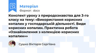 Конспект уроку з природознавства для 3-го класу на тему: «Використання корисних копалин у господарській діяльності. Види корисних копалин. Практична робота «Ознайомлення з колекцією корисних копалин»»