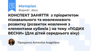 КОНСПЕКТ ЗАНЯТТЯ  з пріоритетом пізнавального та мовленнєвого розвитку (розвиток мовлення з елементами кубиків ) на тему «ПОДИХ ВЕСНИ» (Для дітей середнього віку)