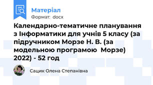 Календарно-тематичне планування з Інформатики для учнів 5 класу (за підручником Морзе Н. В. (за модельною програмою  Морзе) 2022) - 52 год
