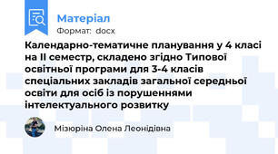 Календарно-тематичне планування у 4 класі на ІІ семестр, складено згідно Типової освітньої програми для 3-4 класів спеціальних закладів загальної середньої освіти для осіб із порушеннями інтелектуального розвитку