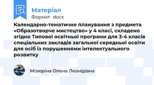 Календарно-тематичне планування з предмета «Образотворче мистецтво» у 4 класі, складено згідно Типової освітньої програми для 3-4 класів спеціальних закладів загальної середньої освіти для осіб із порушеннями інтелектуального розвитку