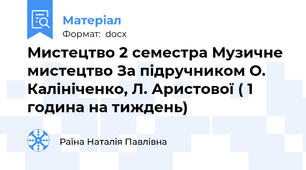 Мистецтво 2 семестра Музичне мистецтво За підручником О. Калініченко, Л. Аристової ( 1 година на тиждень)