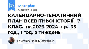 КАЛЕНДАРНО-ТЕМАТИЧНИЙ ПЛАН ВСЕВІТНЬОЇ ІСТОРІЇ.  7 КЛАС.  на 2023-2024 н.р.  35 год., 1 год. в тиждень