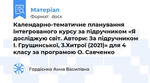 Календарно-тематичне планування інтегрованого курсу за підручником «Я досліджую світ. Автори: За підручником І. Грущинської, 3.Хитрої (2021)» для 4 класу за програмою О. Савченко