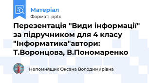 Перезентація "Види інформації" за підручником для 4 класу "Інформатика"автори: Т.Воронцова, В.Пономаренко