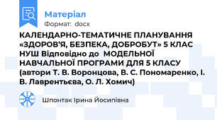 КАЛЕНДАРНО-ТЕМАТИЧНЕ ПЛАНУВАННЯ «ЗДОРОВ’Я, БЕЗПЕКА, ДОБРОБУТ» 5 КЛАС НУШ Відповідно до  МОДЕЛЬНОЇ НАВЧАЛЬНОЇ ПРОГРАМИ ДЛЯ 5 КЛАСУ (автори Т. В. Воронцова, В. С. Пономаренко, І. В. Лаврентьєва, О. Л. Хомич)