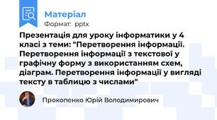 Презентація для уроку інформатики у 4 класі з теми: "Перетворення інформації. Перетворення інформації з текстової у графічну форму з використанням схем, діаграм. Перетворення інформації у вигляді тексту в таблицю з числами"