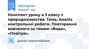 Конспект уроку в 3 класу з природознавства. Тема. Аналіз контрольної роботи. Повторення вивченого за темою «Вода», «Повітря».
