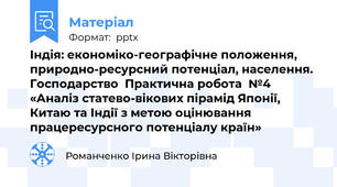 Індія: економіко-географічне положення, природно-ресурсний потенціал, населення. Господарство  Практична робота  №4  «Аналіз статево-вікових пірамід Японії, Китаю та Індії з метою оцінювання працересурсного потенціалу країн»