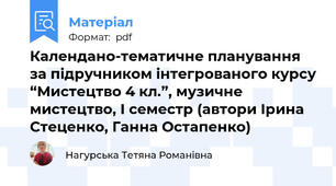 Календано-тематичне планування за підручником інтегрованого курсу “Мистецтво 4 кл.”, музичне мистецтво, І семестр (автори Ірина Стеценко, Ганна Остапенко)
