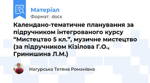 Календано-тематичне планування за підручником інтегрованого курсу “Мистецтво 5 кл.”, музичне мистецтво (за підручником Кізілова Г.О., Гринишина Л.М.)