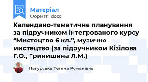 Календано-тематичне планування за підручником інтегрованого курсу “Мистецтво 6 кл.”, музичне мистецтво (за підручником Кізілова Г.О., Гринишина Л.М.)