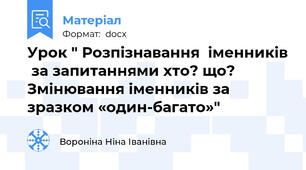 Урок " Розпізнавання  іменників  за запитаннями хто? що? Змінювання іменників за зразком «один-багато»"