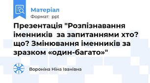 Презентація "Розпізнавання  іменників  за запитаннями хто? що? Змінювання іменників за зразком «один-багато»"