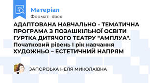 АДАПТОВАНА НАВЧАЛЬНО - ТЕМАТИЧНА ПРОГРАМА З ПОЗАШКІЛЬНОЇ ОСВІТИ ГУРТКА ДИТЯЧОГО ТЕАТРУ "АМПЛУА". Початковий рівень І рік навчання  ХУДОЖНЬО – ЕСТЕТИЧНИЙ НАПРЯМ