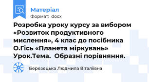 Розробка уроку курсу за вибором «Розвиток продуктивного     мислення», 4 клас до посібника О.Гісь «Планета міркувань»  Урок.Тема.  Образні порівняння.