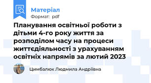 Планування освітньої роботи з дітьми 4-го року життя за розподілом часу на процеси життєдіяльності з урахуванням освітніх напрямів за лютий 2023