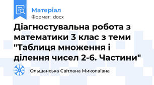 Діагностувальна робота з математики 3 клас з теми "Таблиця множення і ділення чисел 2-6. Частини"