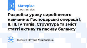Розробка уроку виробничого навчання: Господарські операції I, II, III, IV типів. Структура та зміст статті активу та пасиву балансу