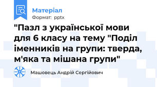 "Пазл з української мови для 6 класу на тему "Поділ іменників на групи: тверда, м'яка та мішана групи"