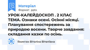 УРОК-КАЛЕЙДОСКОП . 2 КЛАС ТЕМА. Ознаки осені. Осінні місяці. Планування спостережень за природою восени. Творче завдання: складання казки по осінь.
