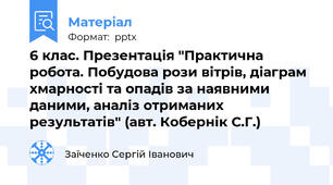 6 клас. Презентація "Практична робота. Побудова рози вітрів, діаграм хмарності та опадів за наявними даними, аналіз отриманих результатів" (авт. Кобернік С.Г.)