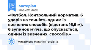 «Футбол. Контрольний норматив. 6 ударів на точність одним із вивчених способів (відстань 16,5 м). 6 зупинок м’яча, що опускається, одним із вивчених  способів.»