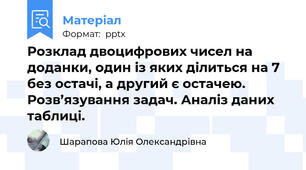 Розклад двоцифрових чисел на доданки, один із яких ділиться на 7 без остачі, а другий є остачею. Розв’язування задач. Аналіз даних таблиці.