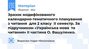 Зразок модифікованого календарно-тематичного планування з читання  для 2 класу  ІІ семестр. За підручником «Українська мова  та читання» ІІ частина О. Вашуленко.