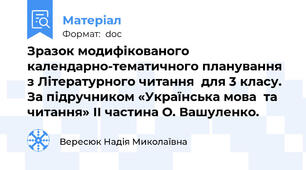 Зразок модифікованого календарно-тематичного планування з Літературного читання  для 3 класу. За підручником «Українська мова  та читання» ІІ частина О. Вашуленко.