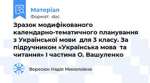 Зразок модифікованого календарно-тематичного планування з Української мови  для 3 класу. За підручником «Українська мова  та читання» І частина О. Вашуленко