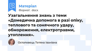 Узагальнення знань з теми   «Домедична допомога в разі опіку, теплового та сонячного удару,  обмороження, електротравми, утоплення».