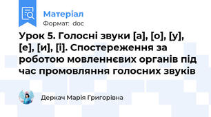 Урок 5. Голосні звуки [а], [о], [у], [е], [и], [і]. Спостереження за роботою мовленнєвих органів під час промовляння голосних звуків