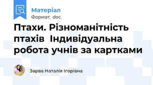 Птахи. Різноманітність птахів  Індивідуальна робота учнів за картками