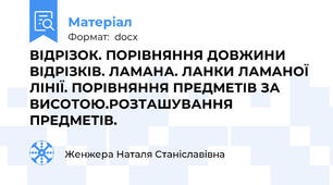 ВІДРІЗОК. ПОРІВНЯННЯ ДОВЖИНИ ВІДРІЗКІВ. ЛАМАНА. ЛАНКИ ЛАМАНОЇ ЛІНІЇ. ПОРІВНЯННЯ ПРЕДМЕТІВ ЗА ВИСОТОЮ.РОЗТАШУВАННЯ ПРЕДМЕТІВ.