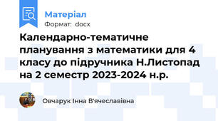 Календарно-тематичне планування з математики для 4 класу до підручника Н.Листопад на 2 семестр 2023-2024 н.р.