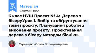 6 клас НУШ Проєкт № 4:  Дерево з бісеруУрок 1. Вибір та обґрунтування теми проєкту. Планування роботи з виконання проєкту. Проєктування  дерева з бісеру методом біоніки.
