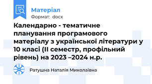 Календарно - тематичне планування програмового матеріалу з української літератури у 10 класі (ІІ семестр, профільний рівень) на 2023 –2024 н.р.